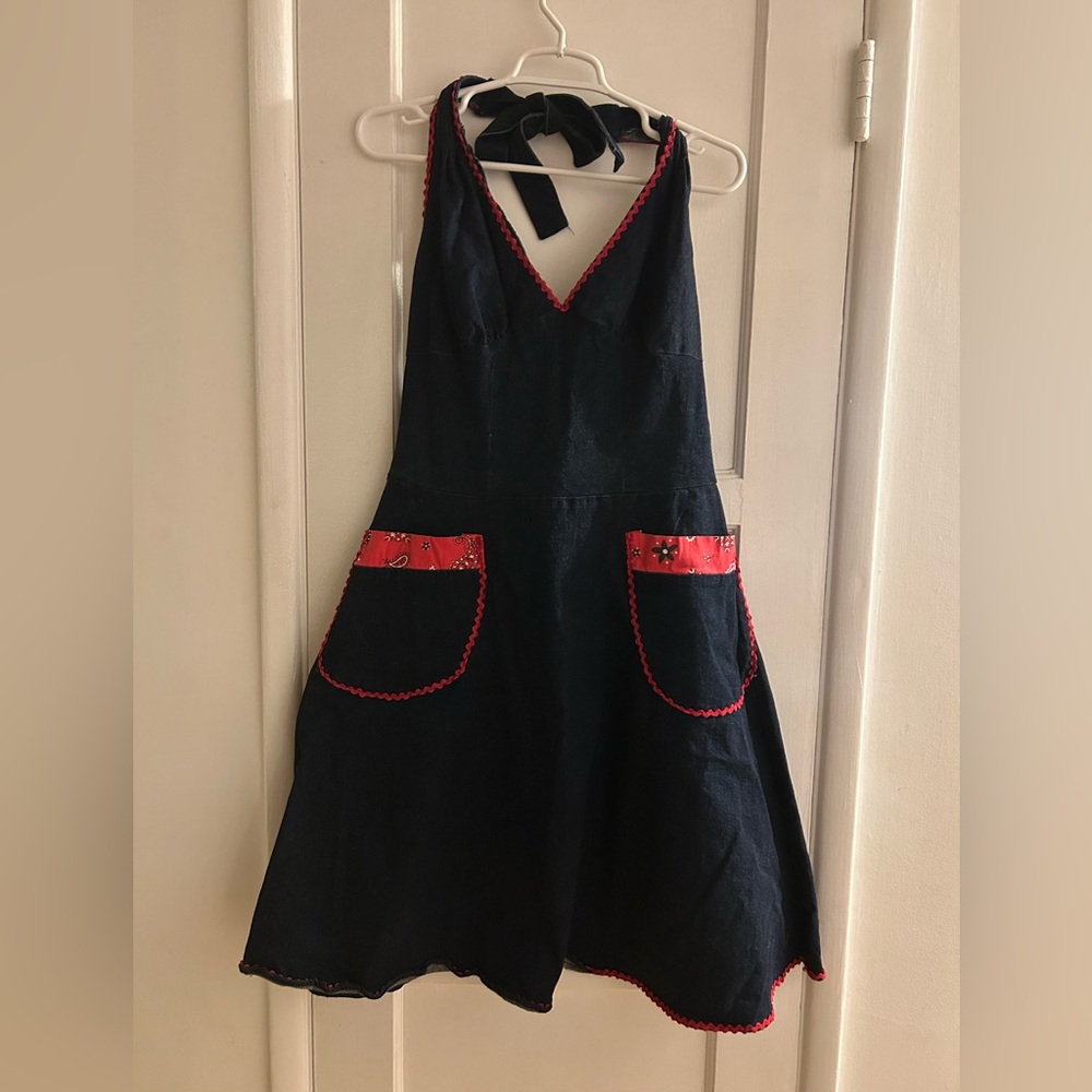 Pin Up Girl clothing denim halter dress with bandana print detail on pockets